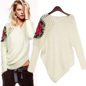 Asymmetric eyelash off-shoulder sweater